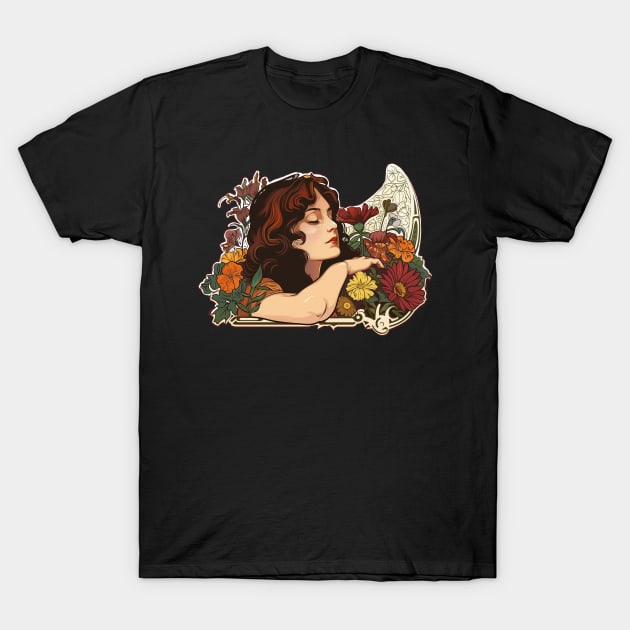 A portrait of a woman in the Art Nouveau style T-Shirt by feafox92